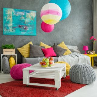 Photo ambiance tapis salon shaggy rouge extra doux Caline